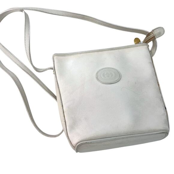 Vintage 80's Gucci White Bag Micro GG Logo Print Crossbody Purse Gold 1980's - Picture 1 of 15